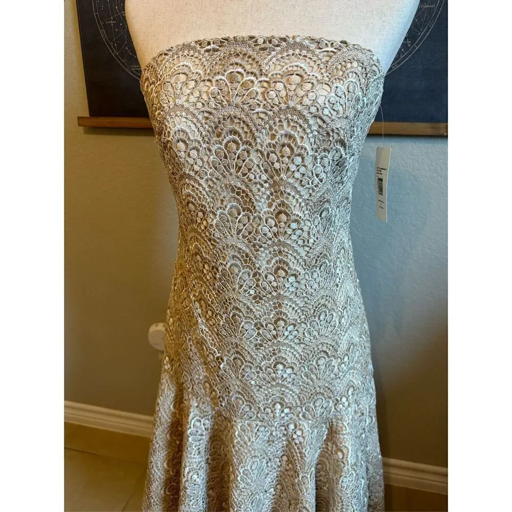 NWT Y2K Badgley Mishcka Strapless Lace Ivory Gold Midi Dress Women Size 6 SC1280